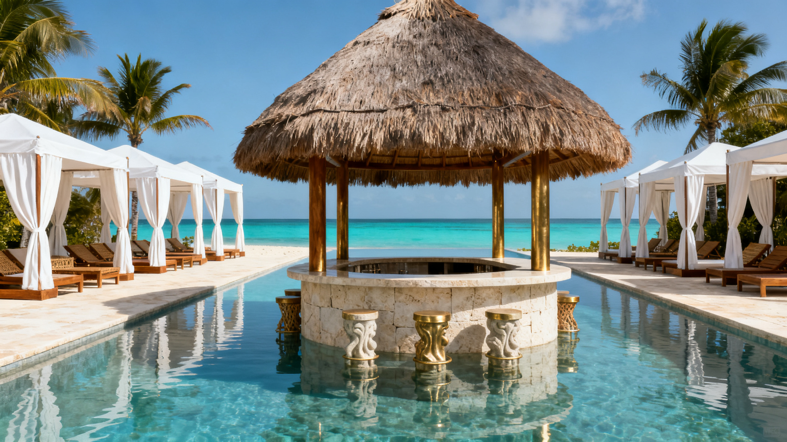 Infinity-edge pool meeting the Caribbean horizon, with a thatched swim-up bar and cabanas.