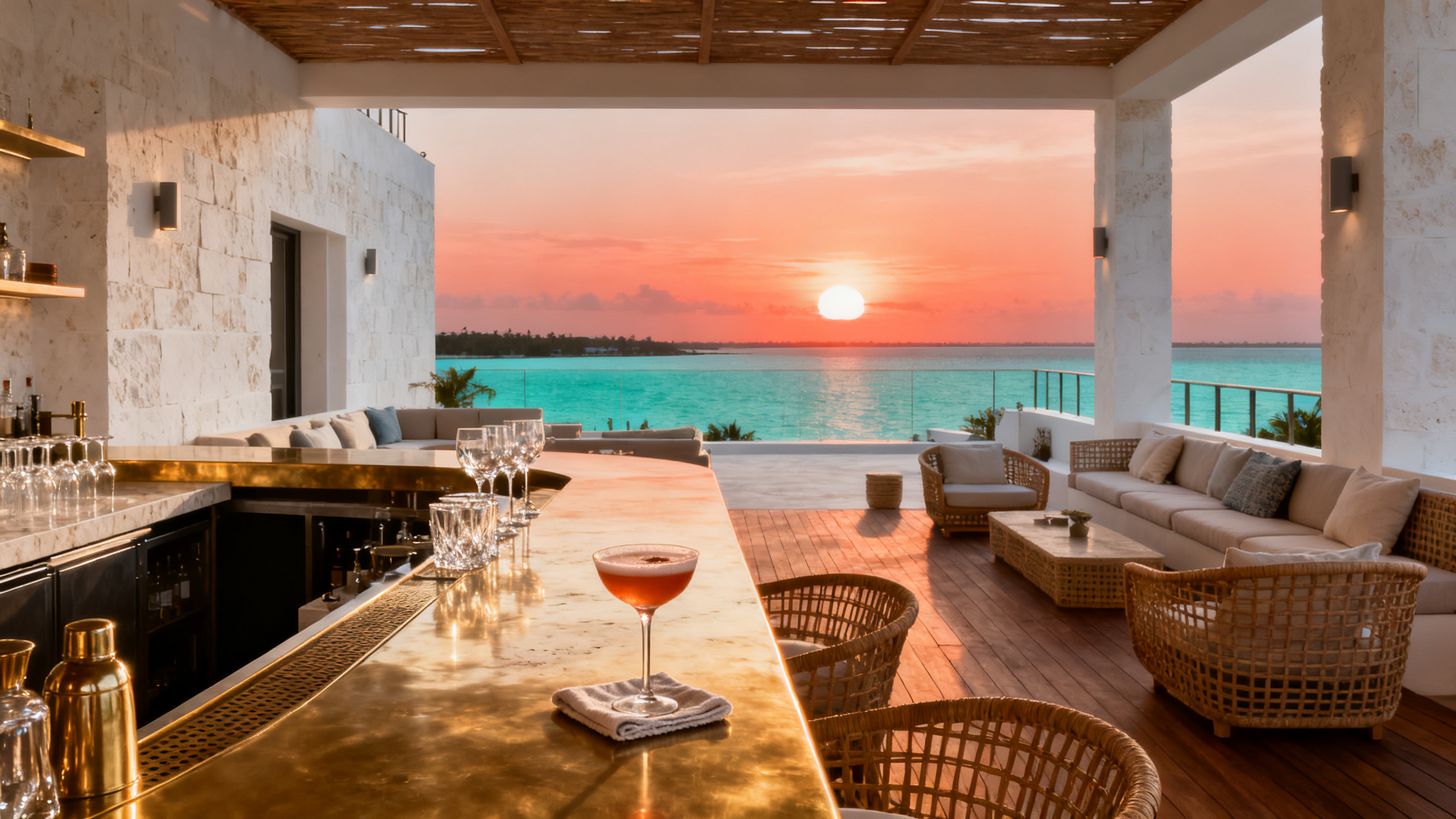 Rooftop lounge at golden hour: a brushed-brass bar, low rattan seating, sun low over the water.