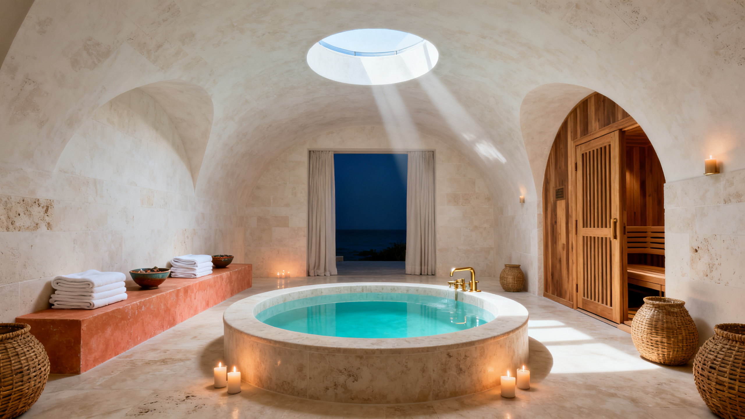 Candlelit hydrotherapy hall cut into limestone, a circular stone soaking basin below a daylight oculus.